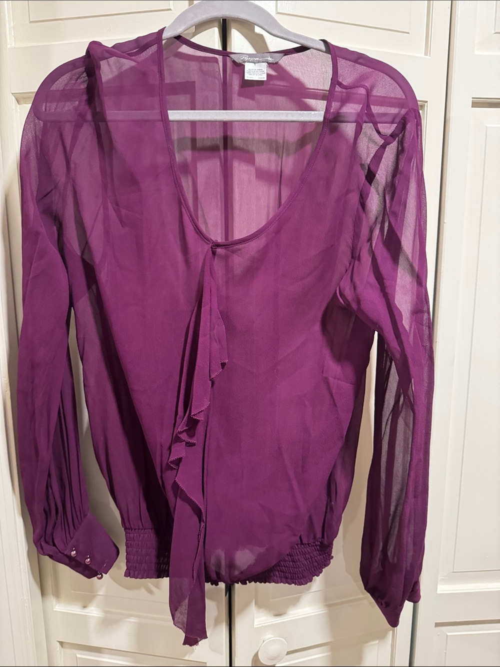 Sheer Ruffle-Front Blouse in Deep Purple